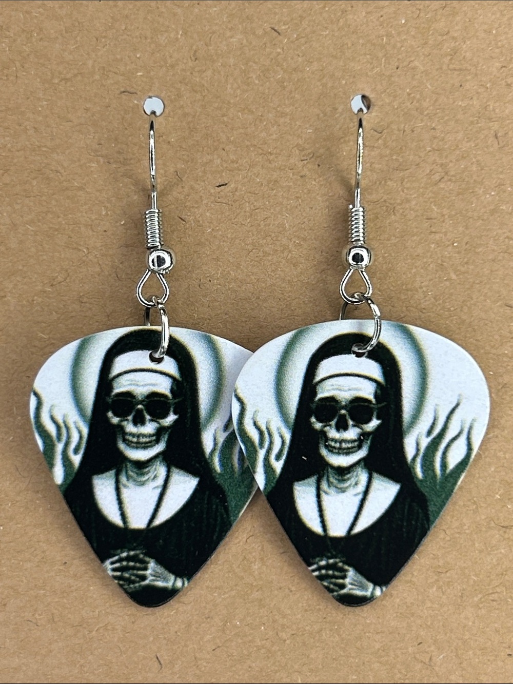 Skull Nun Custom Guitar Pick Earrings in Black and White Fashion Jewelry